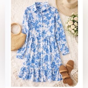NWT Blue Floral Shirt Dress Button Front Ruffle Hem Cottagecore Summer Dress S